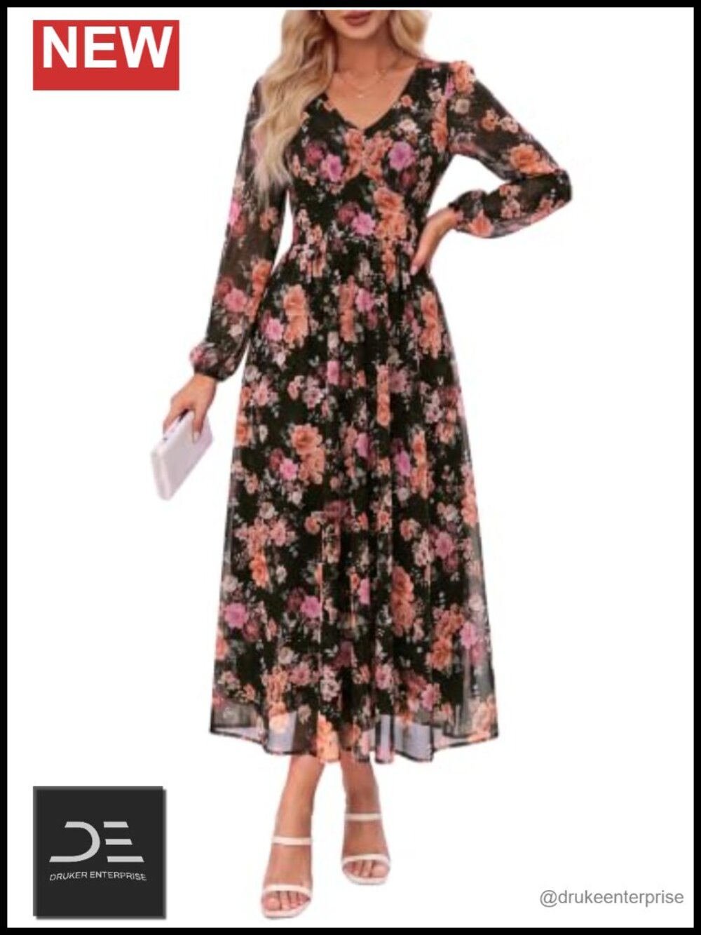 Women's Floral Maxi Dress Long Sleeve V Neck Empire Waist
